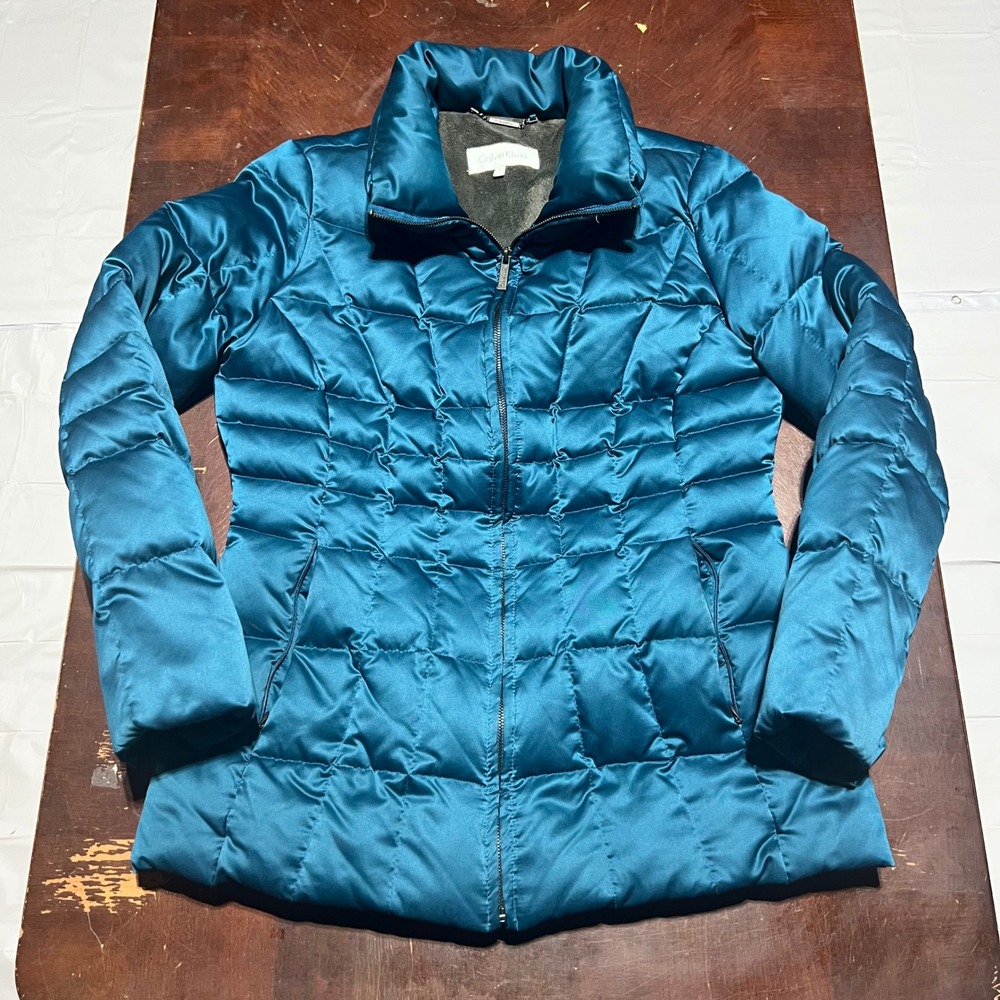 Calvin Klein Teal Blue Satin Puffer Jacket Quilted Down Coat A94439 Womens Small